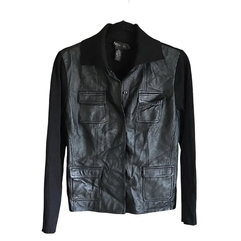 Style & Co. Black Leather Knit Sweater Jacket Womens Size Medium